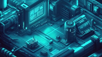 Futuristic high-tech control room with glowing screens and machinery in a sci-fi setting