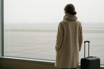 Fototapeta premium Woman waiting thoughtfully at airport window with suitcase 