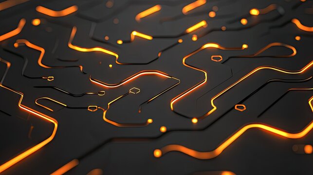 Glowing orange circuitry patterns designed on a black electronic surface