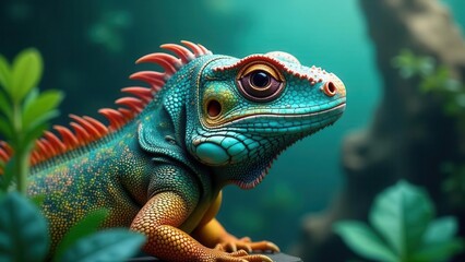 Fototapeta premium Vibrant reptile, striking scales, and a captivating gaze amidst lush green foliage