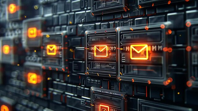 Glowing digital mailboxes on a circuit board background, representing email communication in the digital age.