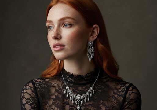 Beautiful redhead model showcasing exquisite diamond jewelry with a classic lace top.