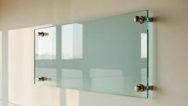 Rectangular glass nameplate on spacer supports. Clear printing panel for branding. Promotional sign displayed on a white background mock-up from the side.