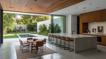 Fototapeta premium An open kitchen and dining area facing a backyard swimming pool