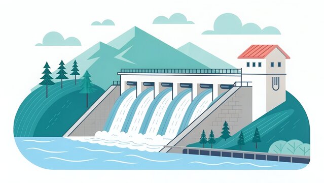 teal dam with water flowing, mountains clip art preview