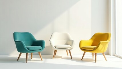 Modern minimalist lounge chairs in teal, off-white, and mustard yellow, bathed in sunlight against a bright white wall