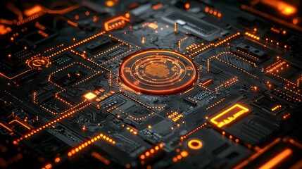 Fototapeta premium Futuristic Circuit Board: Glowing Orange Technology