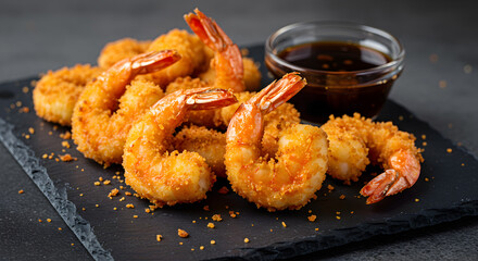 Golden Tempura Shrimp Served on Dark Slate with Dipping Sauce