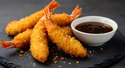 Delicious Golden Tempura Shrimp Served on Dark Slate with Dipping Sauce