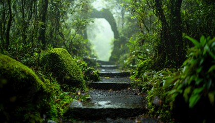 Misty rainforest pathway