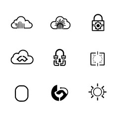 Fototapeta premium Abstract Black and White Icon Set - Cloud, Padlock, Sun, and Circular Designs for Creative Projects