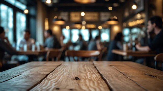 Wooden table surface featuring a blurred background of individuals for product presentation montage or primary visual layout design.