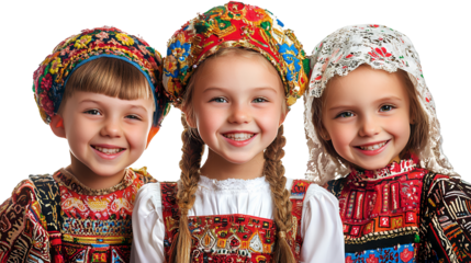 portrait of young children dressed in traditional costume smiling on a transparent background, PNG image, PNG file, Generative art.