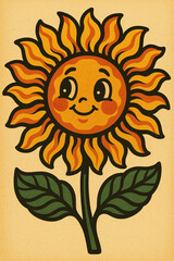 grunge retro cartoon sunflower with a smile