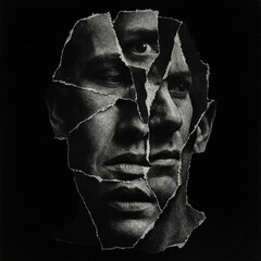 A surreal collage-style portrait made of multiple torn black-and-white photographs of different human faces