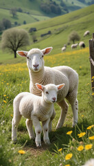 Ewe and Lamb Peaceful Standing in Green Field with Wildflowers
