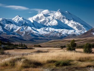 Fototapeta premium Majestic Mountain Vista: Breathtaking view of a towering snow-capped mountain range under a bright blue sky. Captured with an expansive foreground of a rolling landscape. A scene of serenity.