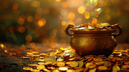 golden hindu pot full of gold coins pouring out of it on blurred background, akshaya tritiya, indian religious festival, aksaya trithiya, wealth, money, fortune