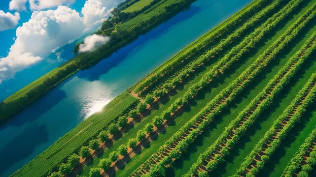 Bird's eye view of lush farmland showcasing lines of orange trees beneath a bright sky.