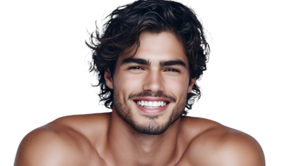 a portrait of a young man with a beard and no shirt smiling photo on a transparent background, PNG image, PNG file, Generative art.