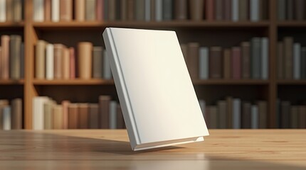 Blank book standing on a wooden surface in a library filled with colorful books in the background