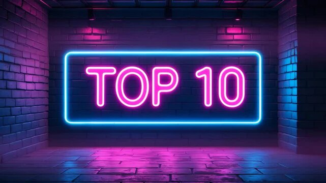Top 10 illuminated neon blue and pink text on empty wall banner. Bright display of top ten list winners at night. Modern design layout for signage or advertisement.