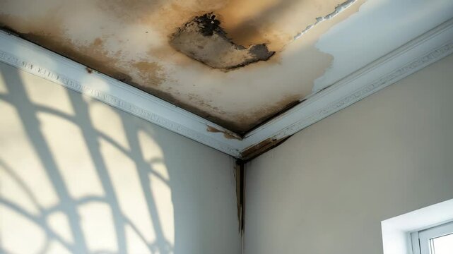 The room's ceiling has suffered erosion due to water and moisture damage, resulting in stains and deterioration from leakage.