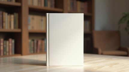 Blank book standing on a wooden surface in a library filled with colorful books in the background