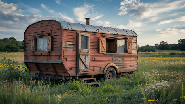 Vintage Rusty Camper Van Parked in Scenic Countryside Field