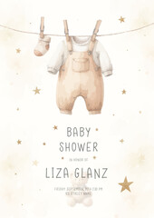 Watercolor Invitation Birthday Template card with children's clothes drying on a clothesline.