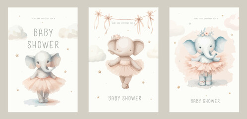Set of Watercolor New born baby shower invitation. Greeting card with dancing ballerina elephant in a pink dress.
