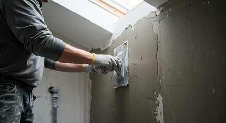 Worker applying plaster on wall with trowel for home renovation project in indoor environment
