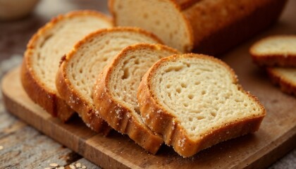 Freshly baked bread loaves sliced on a wooden cutting board