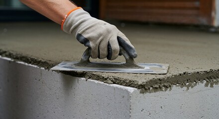 Worker smoothing concrete surface with trowel for outdoor construction project in bright environment