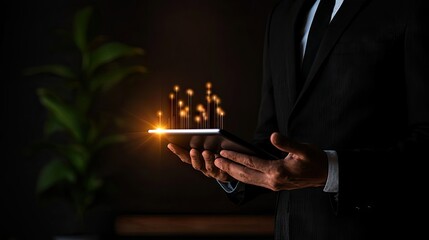 Businessman holding tablet displaying glowing upward growth indicators