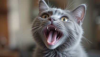 The gray cat looks up mewing and having widely opened a mouth.