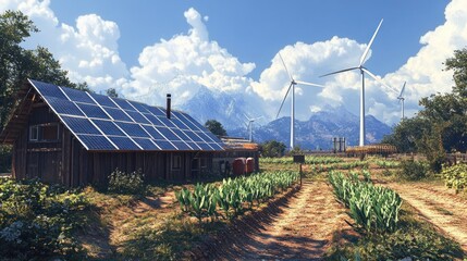 A solar-powered farm with wind turbines in the background, renewable energy, --ar 16:9 --v 6.1 Job ID: a0f87f21-a9da-4df7-a922-14fdd395791f