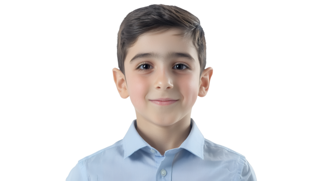 portrait of a young boy in a blue shirt with a smile on his face photo on a transparent background, PNG image, PNG file, Generative art.