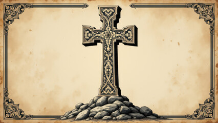 Cross on stone grave marker with ornate border.