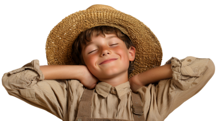 a portrait of a young boy wearing a straw hat with his eyes closed and his hat over his head on a transparent background, PNG image, PNG file, Generative art.