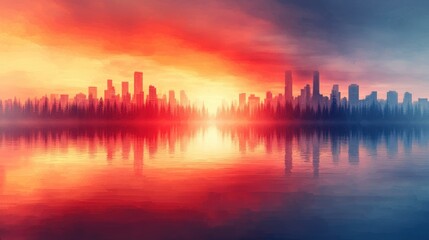 Obraz premium Fiery Sunset Cityscape Reflection