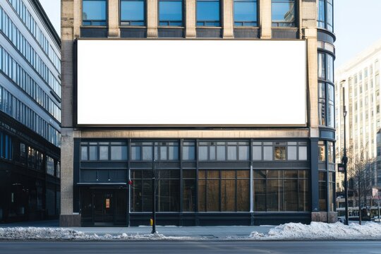Large blank billboard on downtown building wall with snowy sidewalk and modern urban surroundings in cold daylight