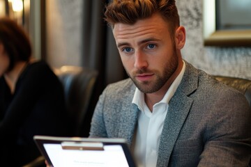 Naklejka premium Stylish businessman holding clipboard in upscale lounge, engaged in thoughtful conversation during a professional business meeting