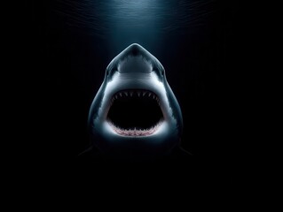 Menacing great white shark with its mouth wide open swimming in the deep blue ocean waters ready to attack