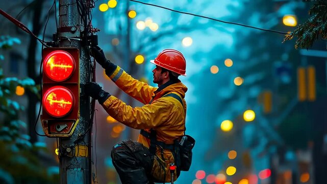 A worker in a yellow jacket and helmet repairs a traffic light in a snowy city street, surrounded by blurred lights and trees.