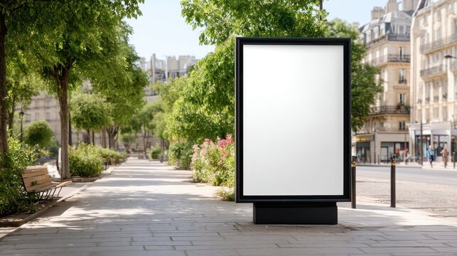 Blank vertical billboard positioned on a sidewalk in a lively paris street showcasing the urban environment