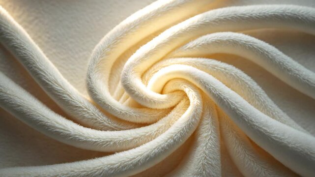 Elegant white soft background of plush fabric cozy blanket. The texture of a gentle fleece textile showcasing beautifully twisted folds.