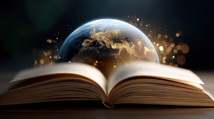 Open book with a globe placed on top representing global cultures and knowledge blending together in harmony