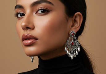 An elegant woman with beautiful makeup, wearing intricate earrings, looks towards the camera.
