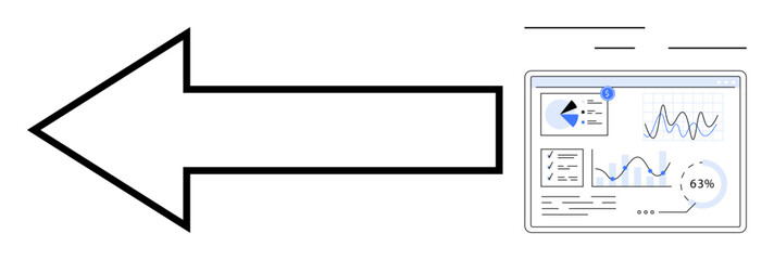 Large arrow pointing to a digital data dashboard with graphs, pie chart, and analytics showing trends. Ideal for data sharing, migration, analytics, communication, strategy, progress workflow